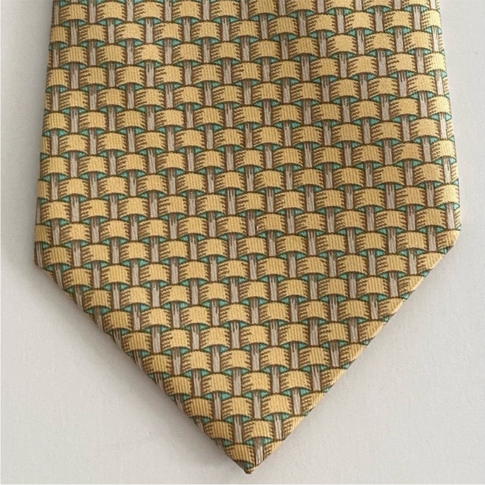 Hermes Woven Pattern Men's Tie in Gold and Teal - Picture 2 of 8